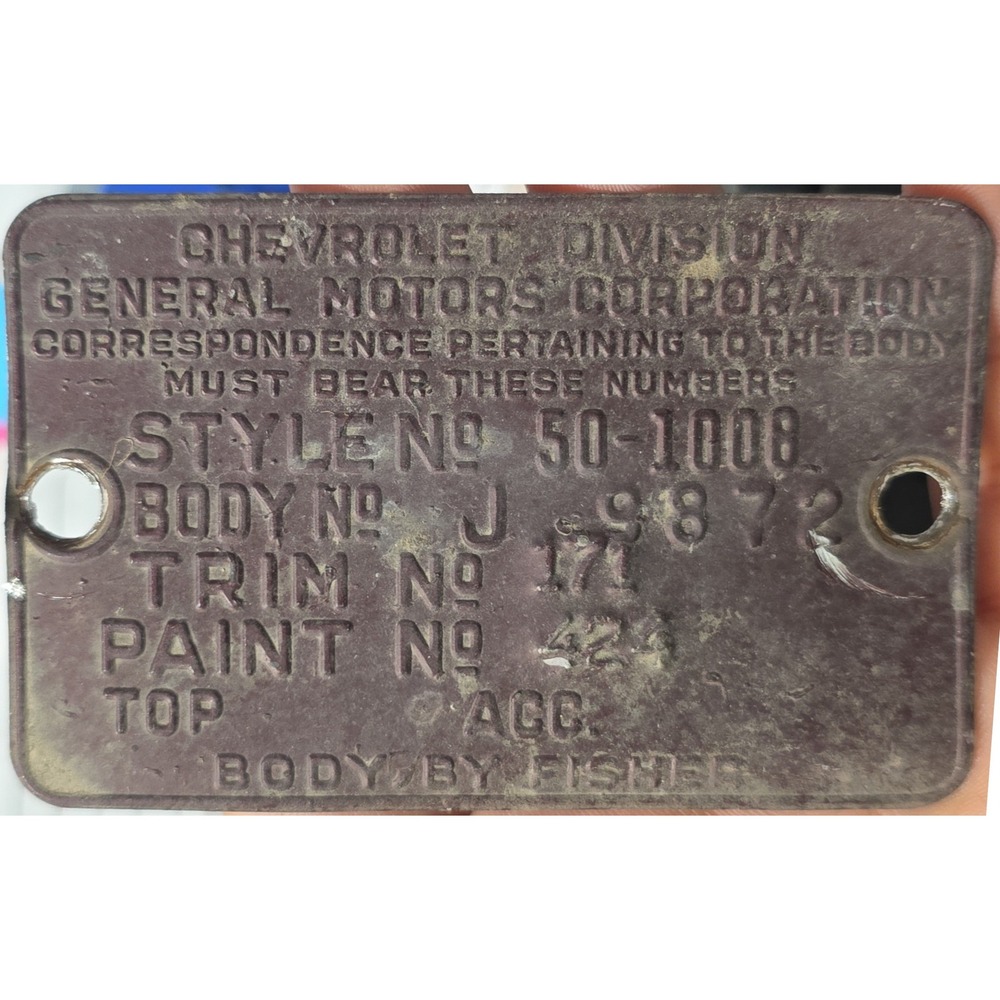 1950 Chevy Data Plate Body by Fisher GM Chevrolet Style